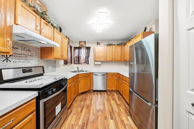 kitchen with decorative backsplash, appliances with stainless steel finishes, light hardwood / wood-style flooring, and sink