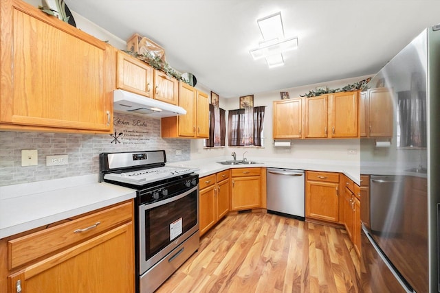 kitchen featuring light hardwood / wood-style flooring, sink, stainless steel appliances, and tasteful backsplash