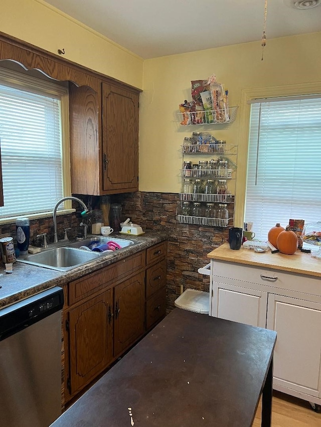 kitchen with backsplash, stainless steel dishwasher, and sink