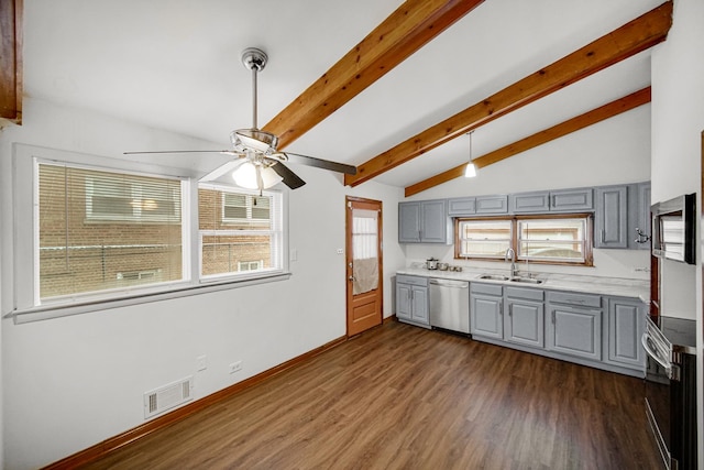 kitchen with dishwasher, oven, lofted ceiling with beams, sink, and gray cabinets