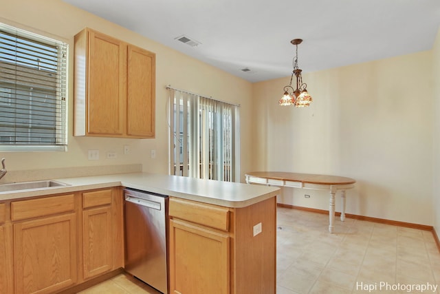 kitchen with kitchen peninsula, a healthy amount of sunlight, sink, and stainless steel dishwasher