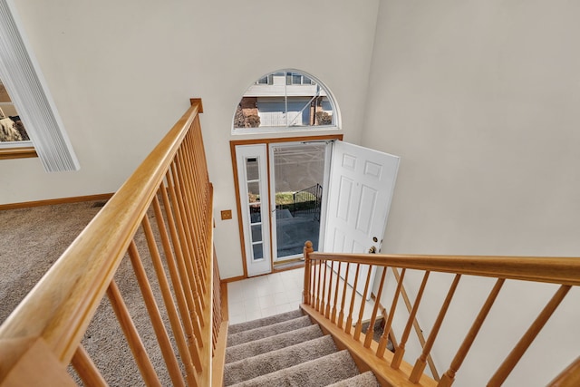 stairway featuring a towering ceiling and carpet floors