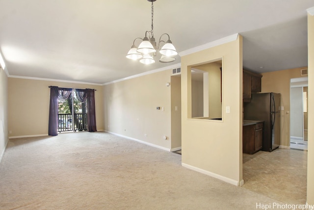 empty room with a chandelier, light carpet, a baseboard radiator, and crown molding