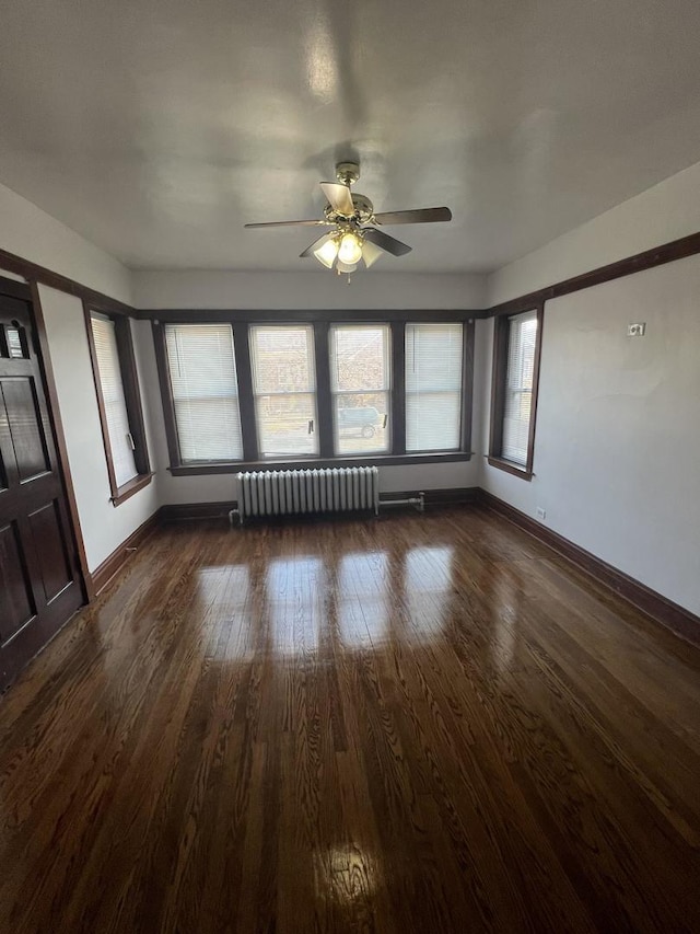 interior space featuring ceiling fan, dark hardwood / wood-style flooring, and radiator