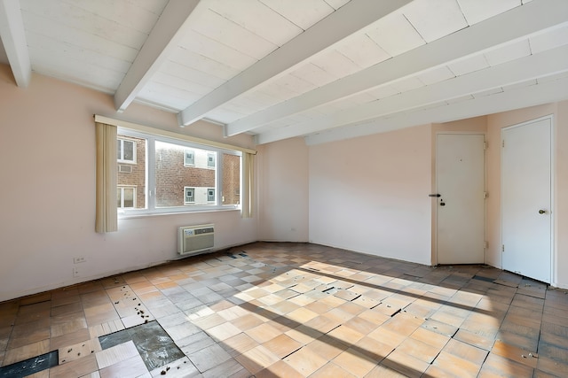 unfurnished room featuring light tile patterned floors, beamed ceiling, wood ceiling, and a wall mounted air conditioner