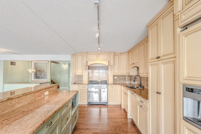 kitchen featuring tasteful backsplash, track lighting, gas stove, sink, and cream cabinetry