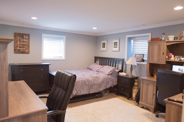 bedroom with light tile patterned flooring, ornamental molding, and multiple windows