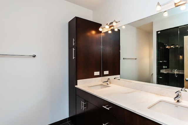 bathroom with vanity and a shower with shower door