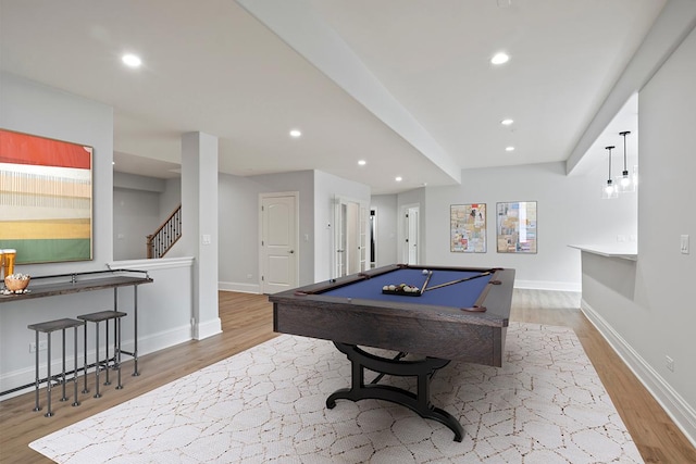 recreation room with pool table and light hardwood / wood-style floors