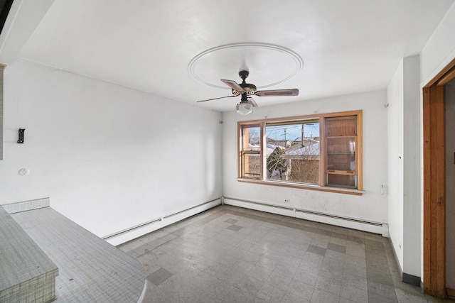 empty room with ceiling fan and a baseboard heating unit