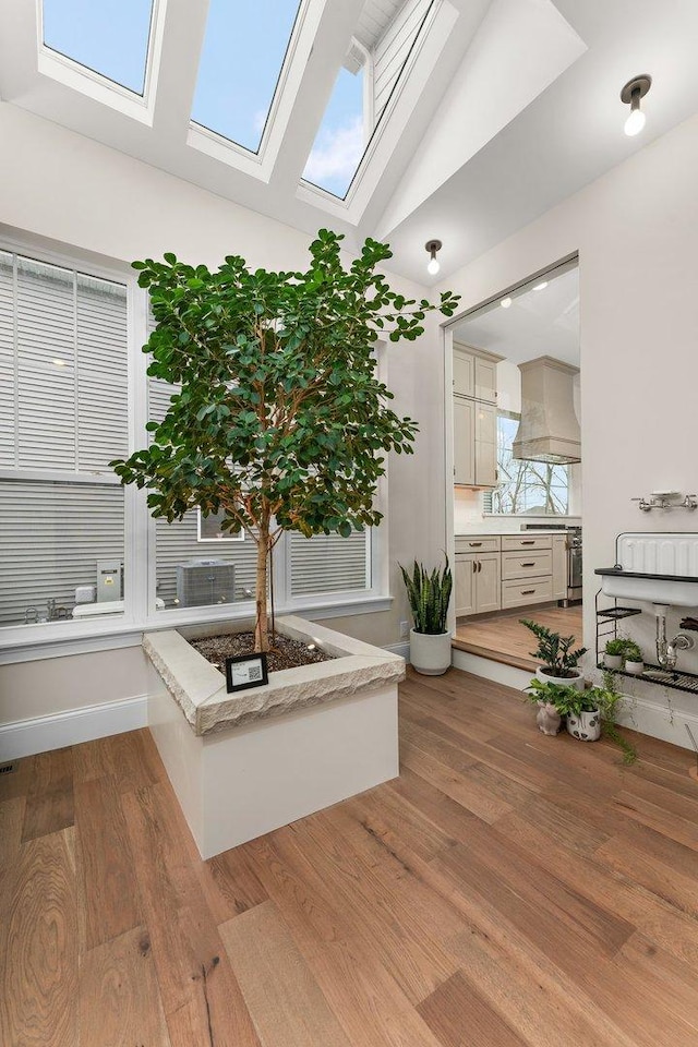 interior space featuring a wealth of natural light, lofted ceiling with skylight, and light wood-type flooring