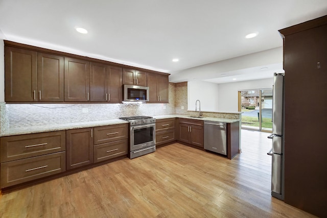 kitchen featuring sink, appliances with stainless steel finishes, decorative backsplash, kitchen peninsula, and light wood-type flooring