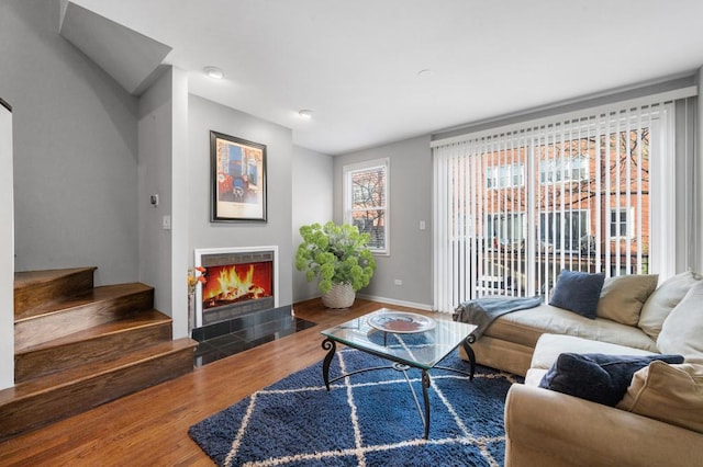 living room featuring dark wood-type flooring