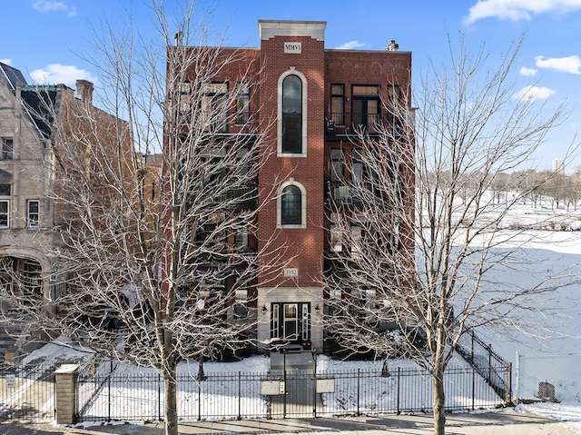 view of snow covered building