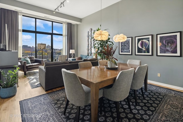 dining area with a view of city, rail lighting, baseboards, and wood finished floors