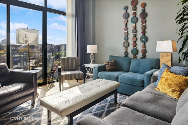 living area featuring expansive windows and a city view