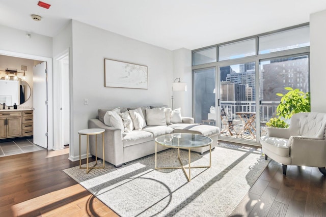 living room featuring hardwood / wood-style floors, a wall of windows, sink, and a wealth of natural light