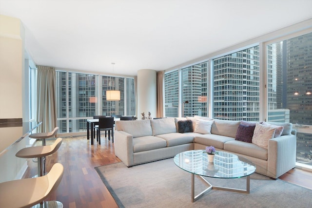 living room with hardwood / wood-style flooring and expansive windows