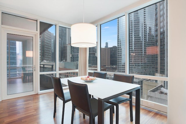 dining room with a wall of windows and hardwood / wood-style flooring