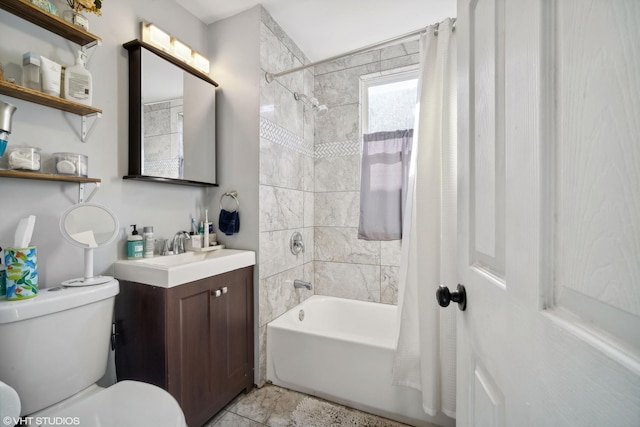 full bathroom featuring shower / bath combination with curtain, toilet, and vanity