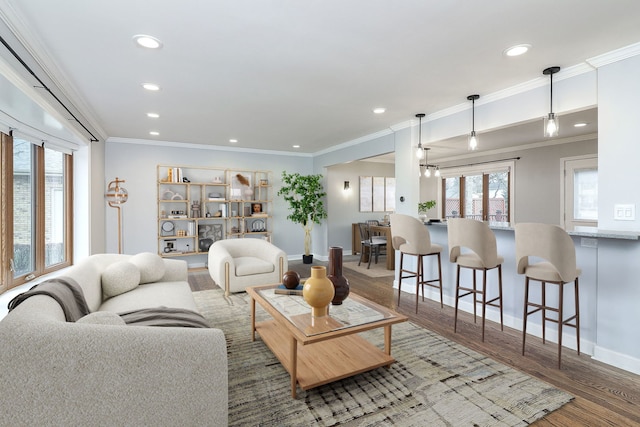 living room featuring hardwood / wood-style floors and crown molding