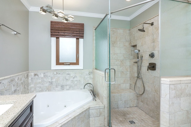 bathroom with vanity, shower with separate bathtub, and ornamental molding