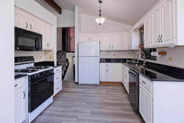 kitchen featuring vaulted ceiling with beams, white cabinets, hanging light fixtures, and white appliances