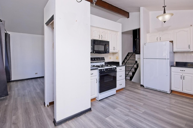 kitchen featuring vaulted ceiling with beams, white cabinetry, white appliances, and hanging light fixtures