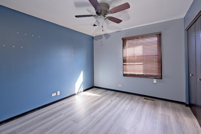 empty room featuring light hardwood / wood-style flooring and ceiling fan