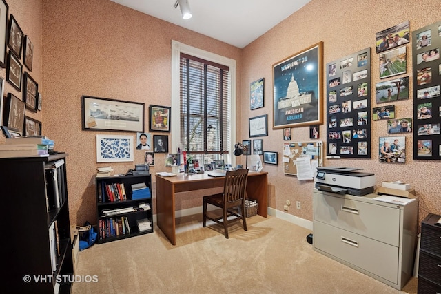 office featuring baseboards, wallpapered walls, and carpet flooring