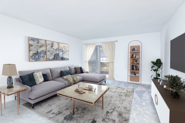 living room featuring light carpet