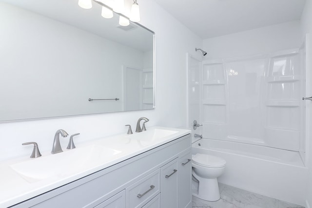 full bathroom featuring shower / washtub combination, vanity, and toilet