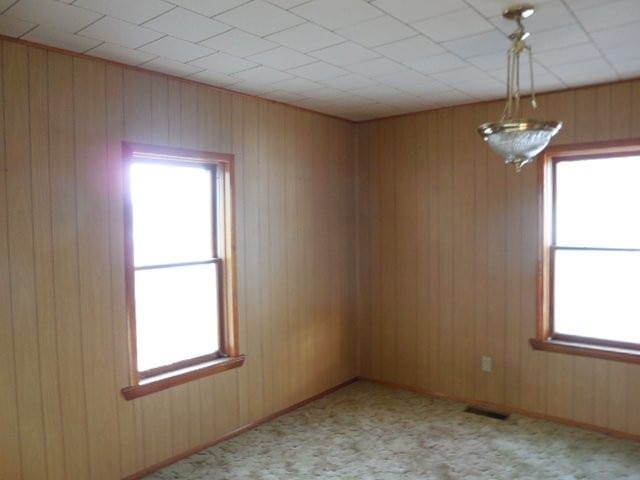 carpeted empty room with wood walls