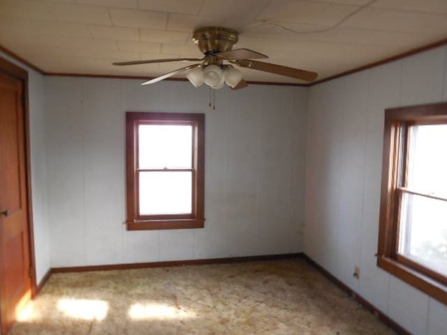 unfurnished room featuring ceiling fan, ornamental molding, and light carpet