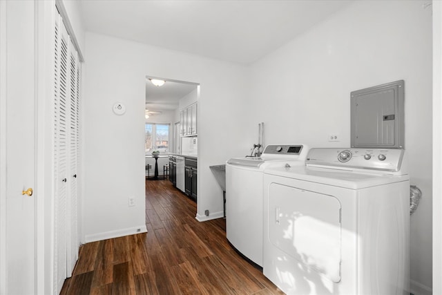 laundry area featuring dark hardwood / wood-style flooring, washing machine and dryer, and electric panel