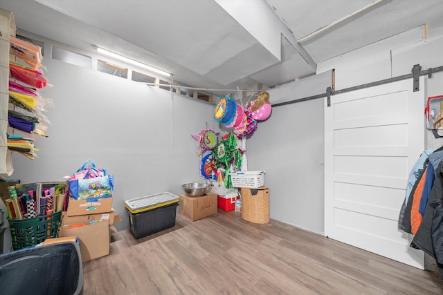 basement featuring a barn door and wood finished floors