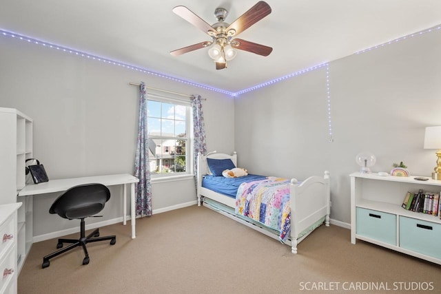 carpeted bedroom with ceiling fan