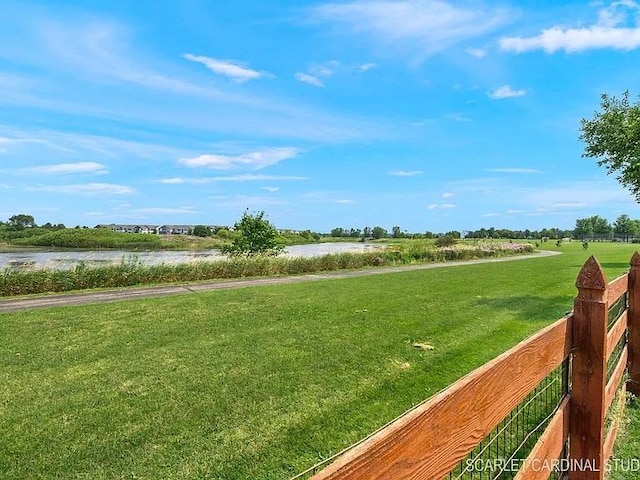 view of community featuring a water view and a yard