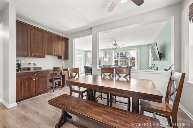 dining room with ceiling fan and light hardwood / wood-style floors