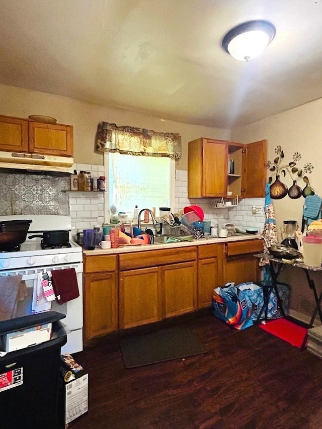 kitchen featuring decorative backsplash, dark hardwood / wood-style flooring, white range, and sink