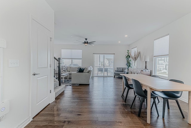 dining room with dark hardwood / wood-style floors and ceiling fan