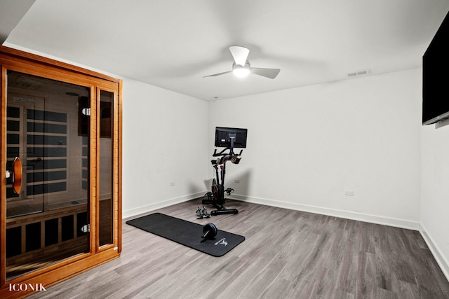 exercise room featuring hardwood / wood-style flooring and ceiling fan