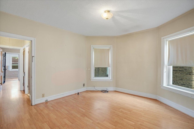 empty room featuring crown molding, a textured ceiling, and light hardwood / wood-style flooring