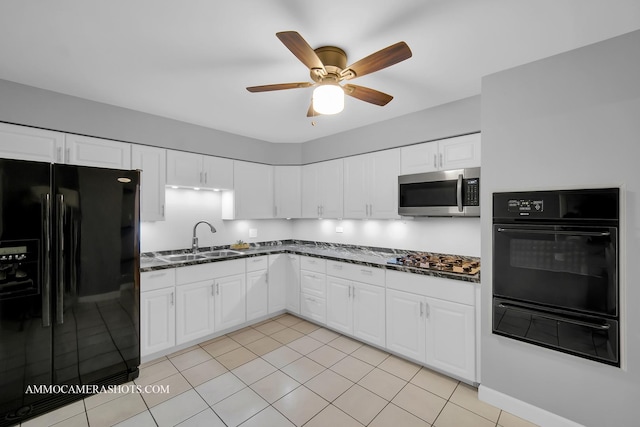 kitchen featuring black appliances, ceiling fan, white cabinetry, and sink