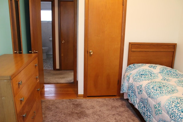 bedroom featuring light colored carpet and ensuite bathroom