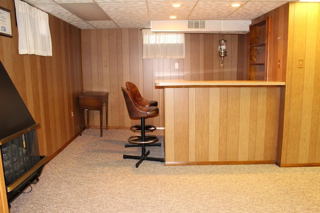 bar featuring light colored carpet and wood walls