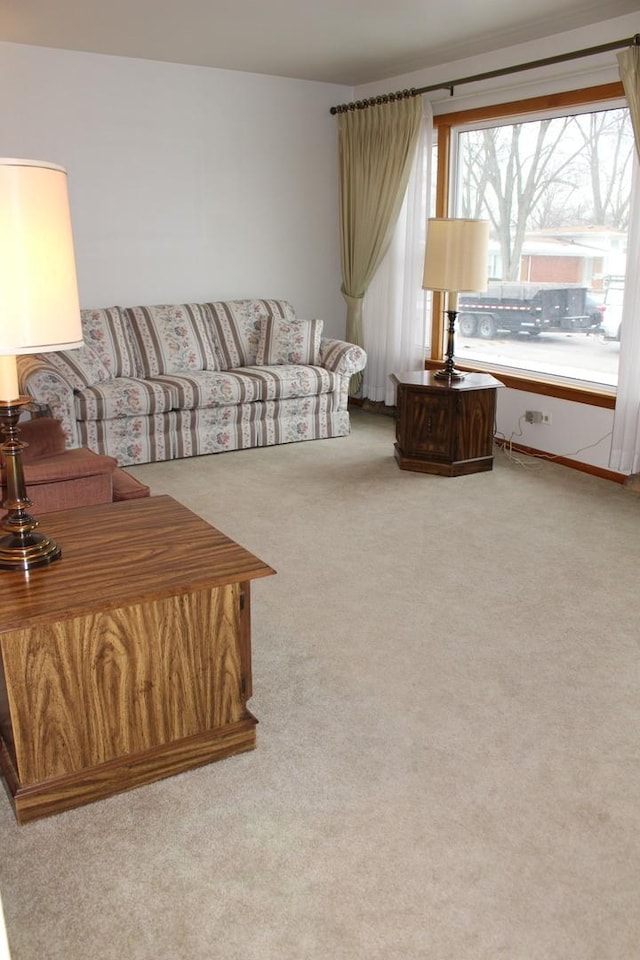 living room featuring light carpet