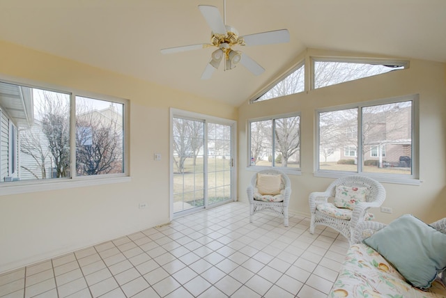 sunroom / solarium with lofted ceiling and ceiling fan