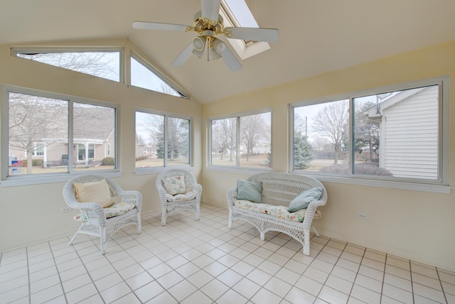 unfurnished sunroom featuring lofted ceiling and ceiling fan