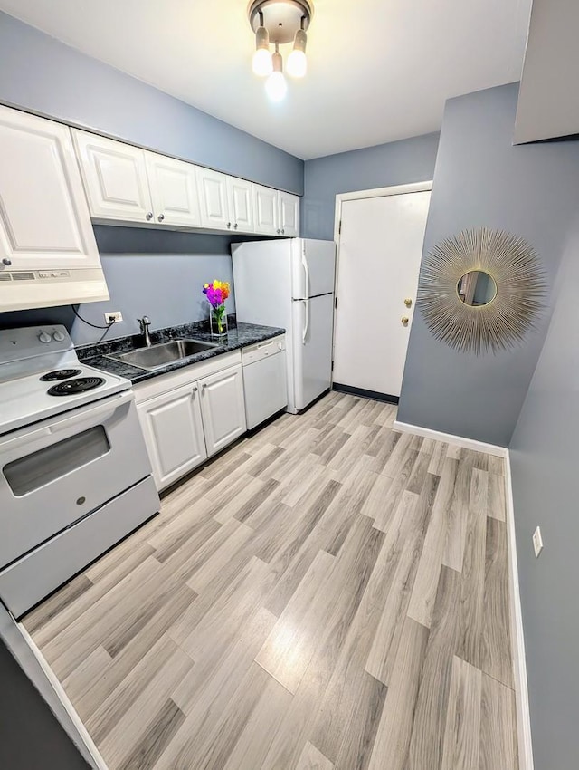 kitchen featuring white cabinetry, sink, white appliances, and light wood-type flooring